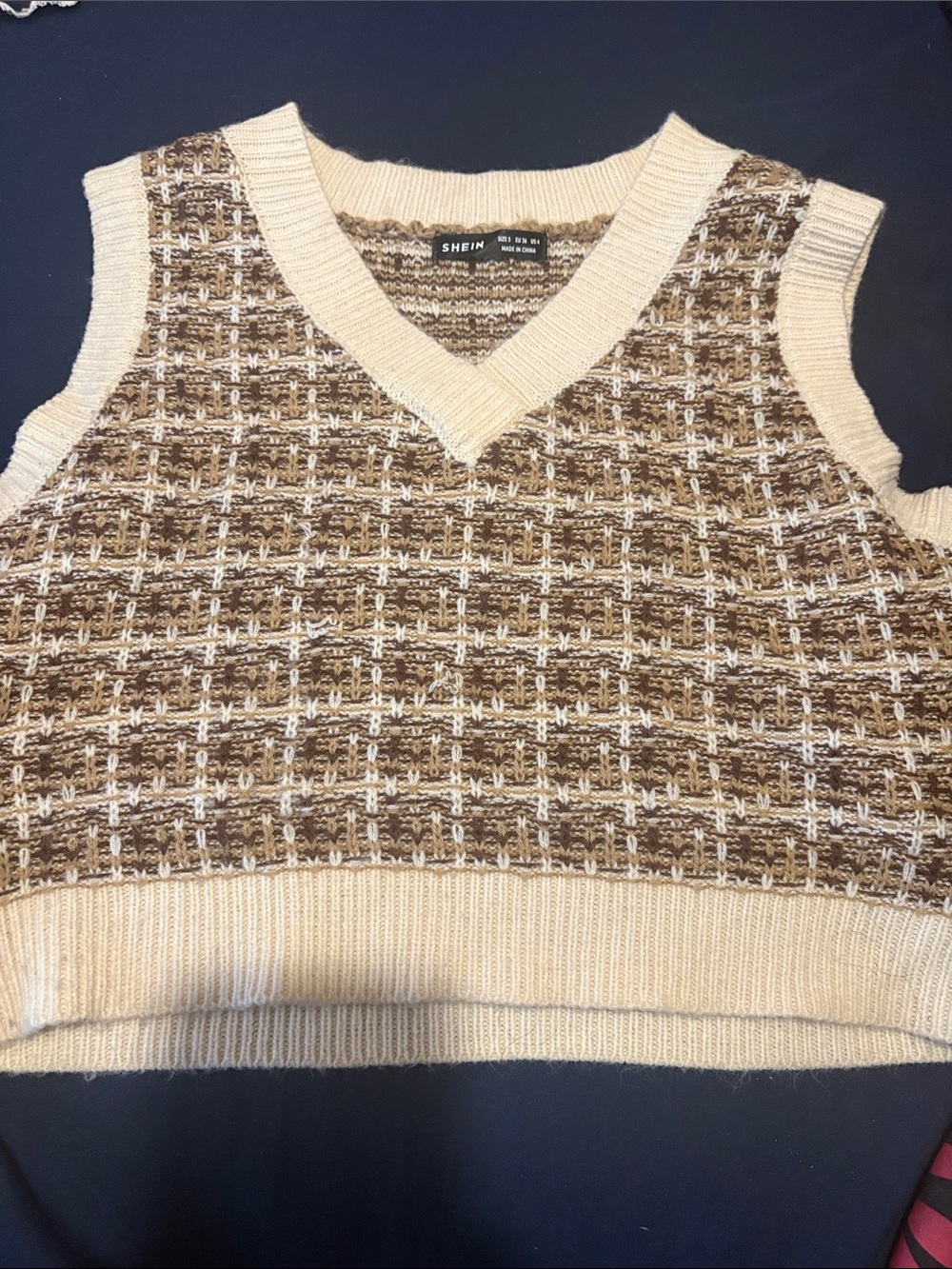 SHEIN Brown and Cream V-Neck Knit Sweater Vest